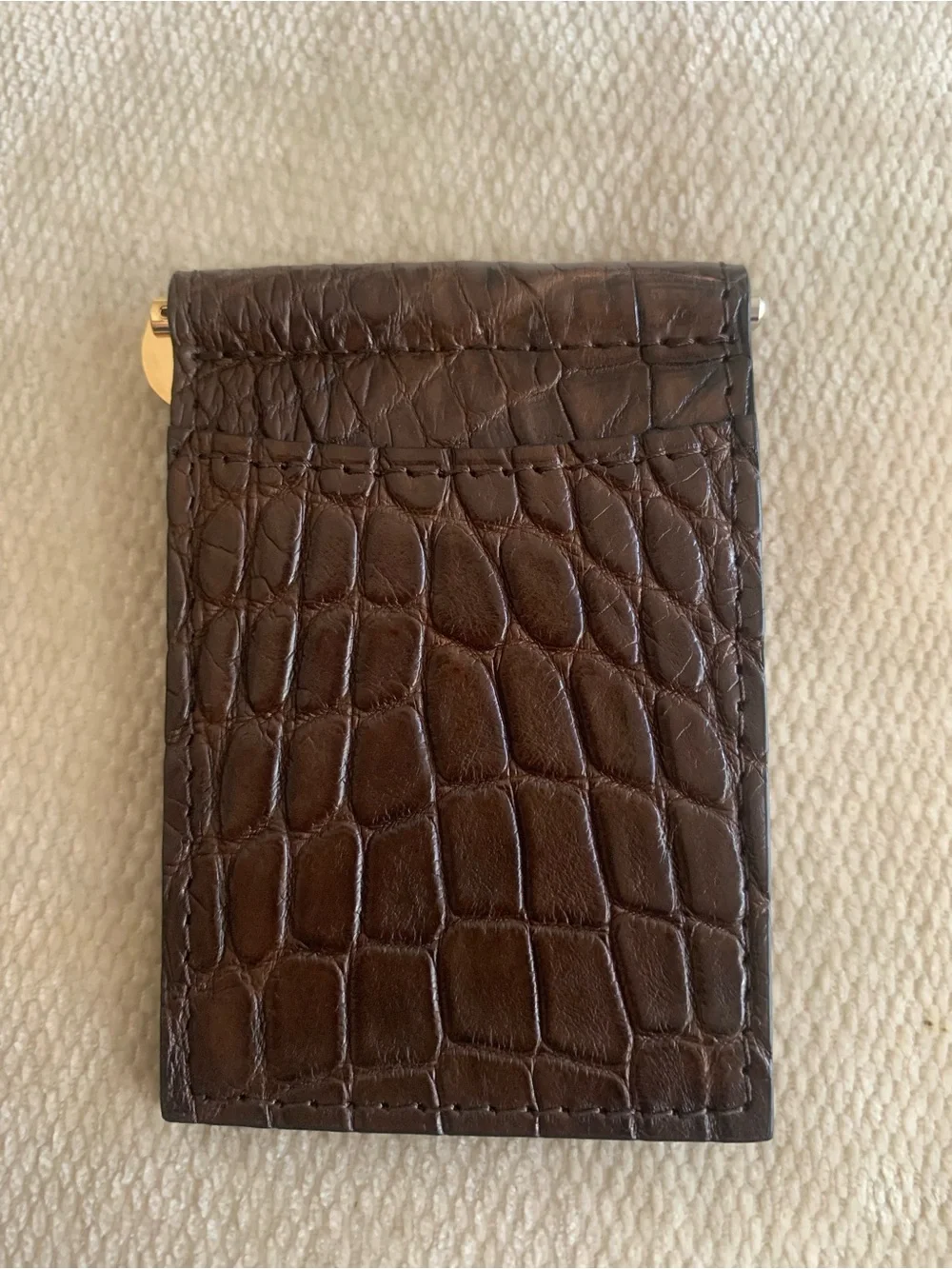 Made in USA Brown Genuine Matte Alligator Leather Brass Clip Wallet Card Case